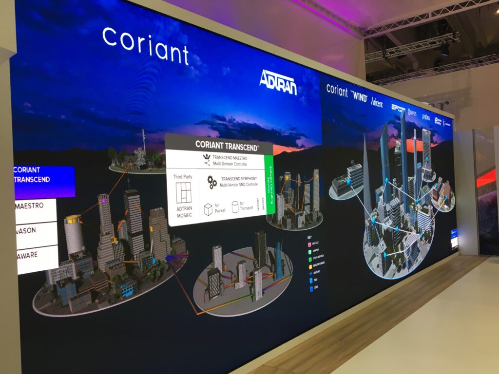 Coriant interactive connected-city content displayed across the large LED wall